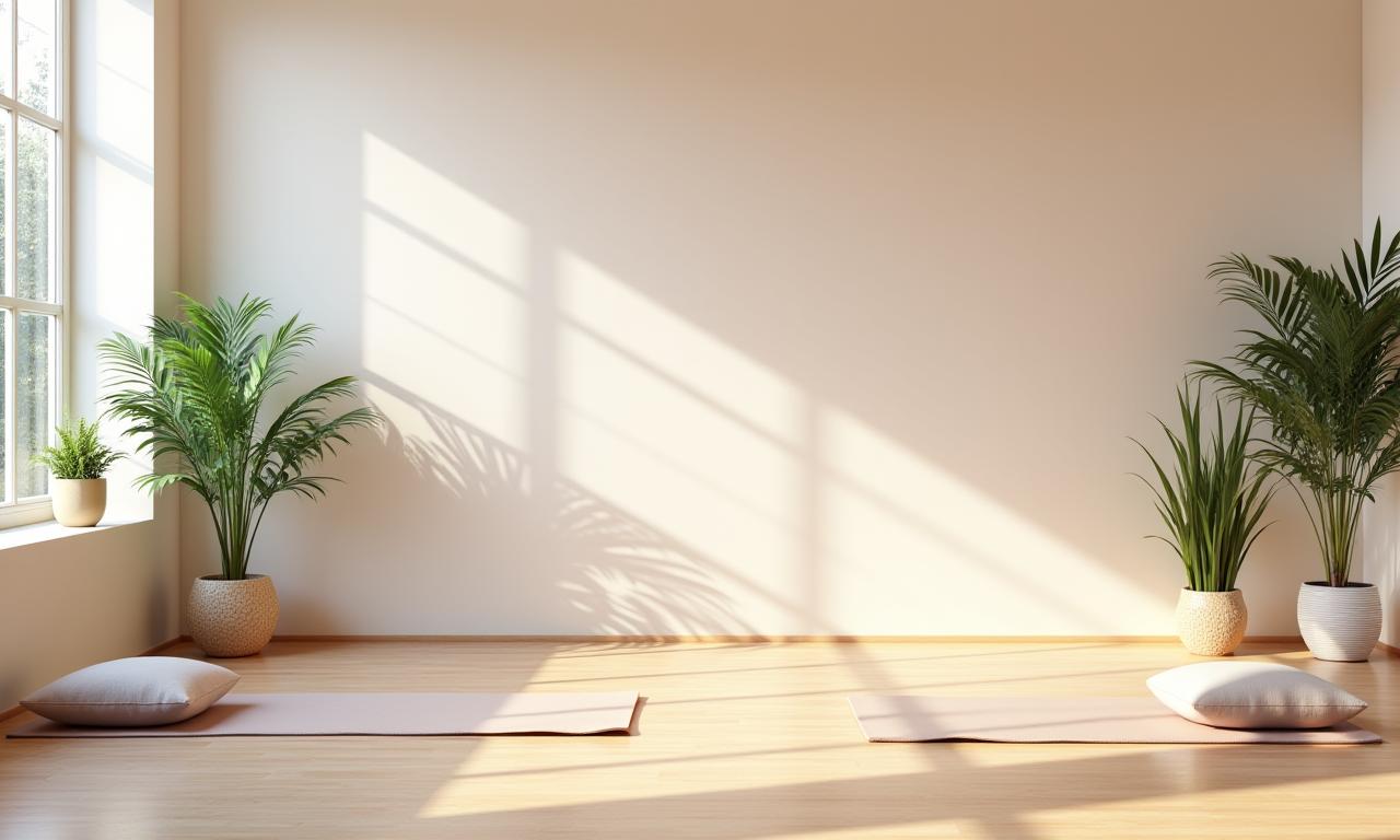 Riverbend Yoga 스튜디오의 고요한 내부, 자연광이 들어오는 모습